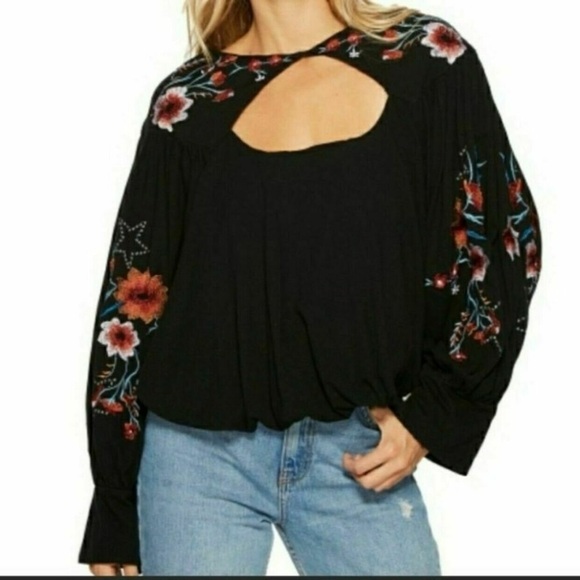 FREE PEOPLE Lita Embroidered Top Fairy Goth Cutout Balloon Sleeve Boho Black S - Picture 16 of 16